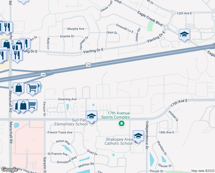 map of restaurants, bars, coffee shops, grocery stores, and more near 1576 Balinese Street in Shakopee