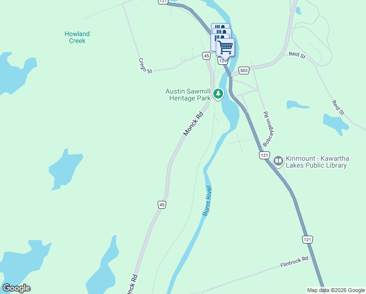 map of restaurants, bars, coffee shops, grocery stores, and more near 4914 Monck Road in Kawartha Lakes