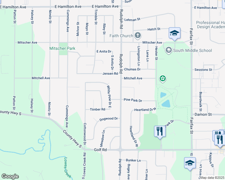 map of restaurants, bars, coffee shops, grocery stores, and more near 1516 Pine Park Drive in Eau Claire