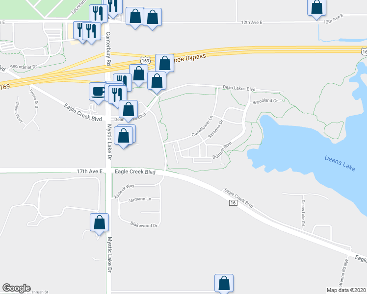 map of restaurants, bars, coffee shops, grocery stores, and more near 1548 Savanna Drive in Shakopee