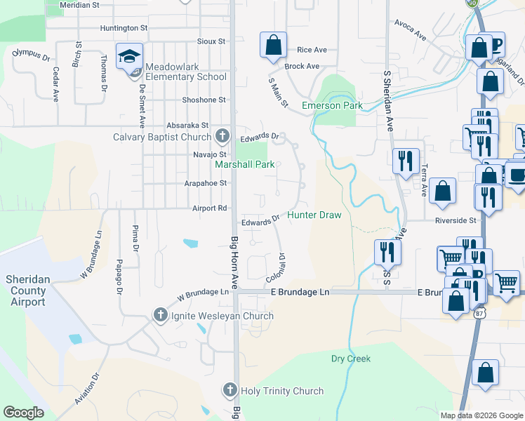 map of restaurants, bars, coffee shops, grocery stores, and more near 1969 Liberty Court in Sheridan