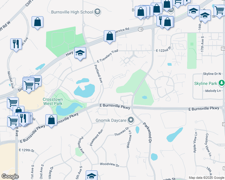 map of restaurants, bars, coffee shops, grocery stores, and more near 12531 Portland Avenue in Burnsville