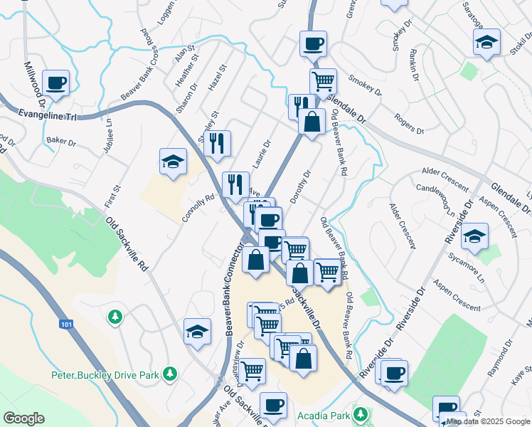 map of restaurants, bars, coffee shops, grocery stores, and more near 5 Beaver Bank Road in Lower Sackville