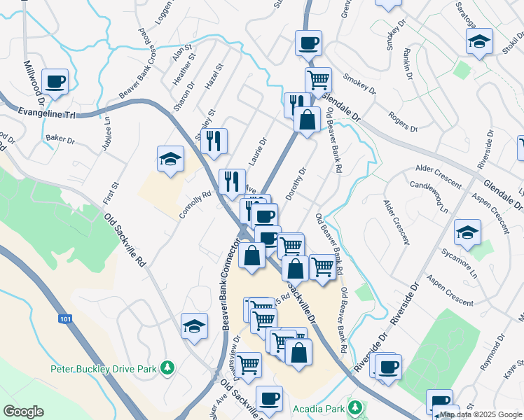map of restaurants, bars, coffee shops, grocery stores, and more near 5 Beaver Bank Road in Lower Sackville