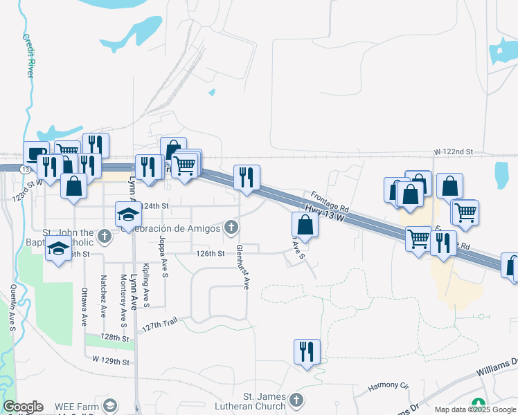 map of restaurants, bars, coffee shops, grocery stores, and more near 3809 Sibley Street in Burnsville