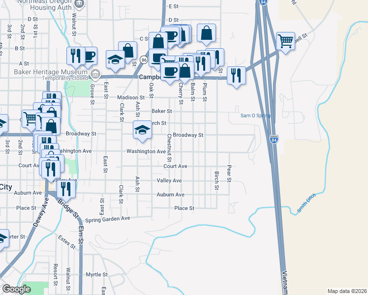 map of restaurants, bars, coffee shops, grocery stores, and more near 2075 Balm Street in Baker City