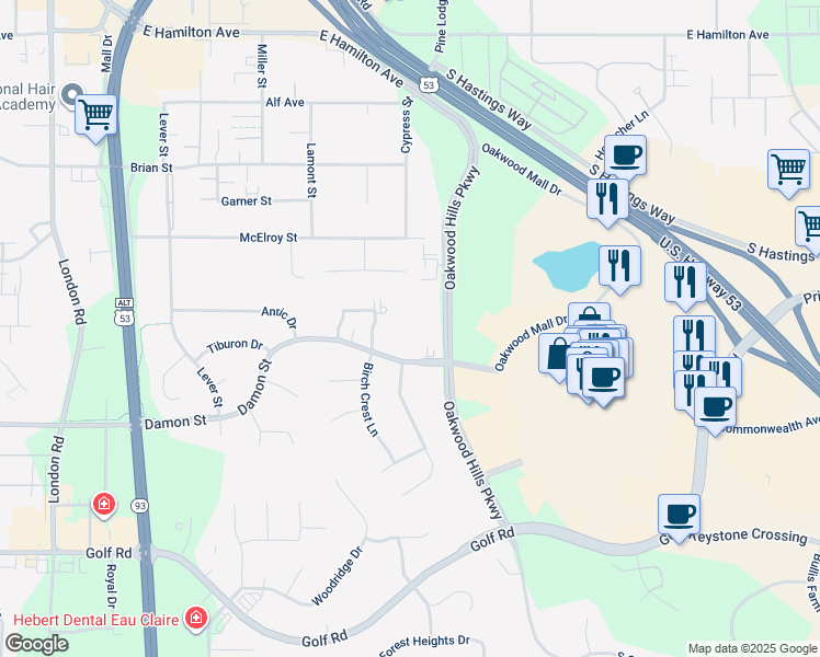 map of restaurants, bars, coffee shops, grocery stores, and more near 3802 Damon Street in Eau Claire