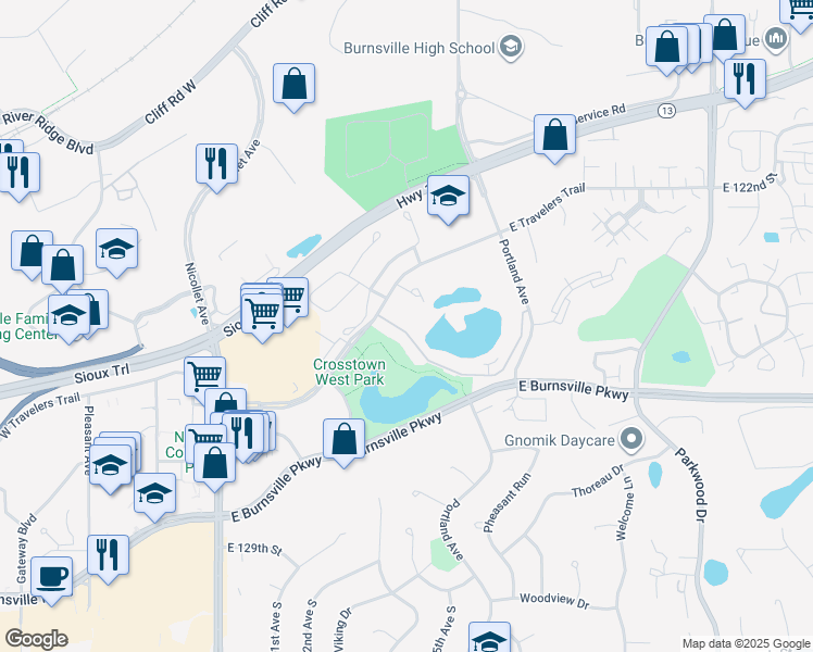 map of restaurants, bars, coffee shops, grocery stores, and more near 453 East Travelers Trail in Burnsville