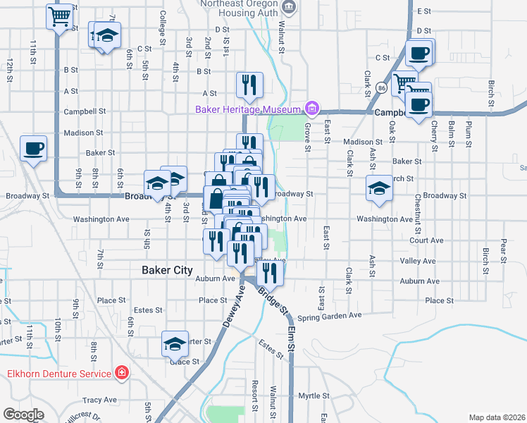 map of restaurants, bars, coffee shops, grocery stores, and more near 1790 Washington Avenue in Baker City