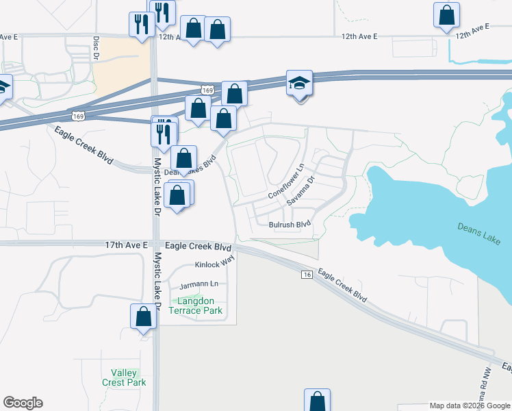 map of restaurants, bars, coffee shops, grocery stores, and more near 1551 Coneflower Lane in Shakopee