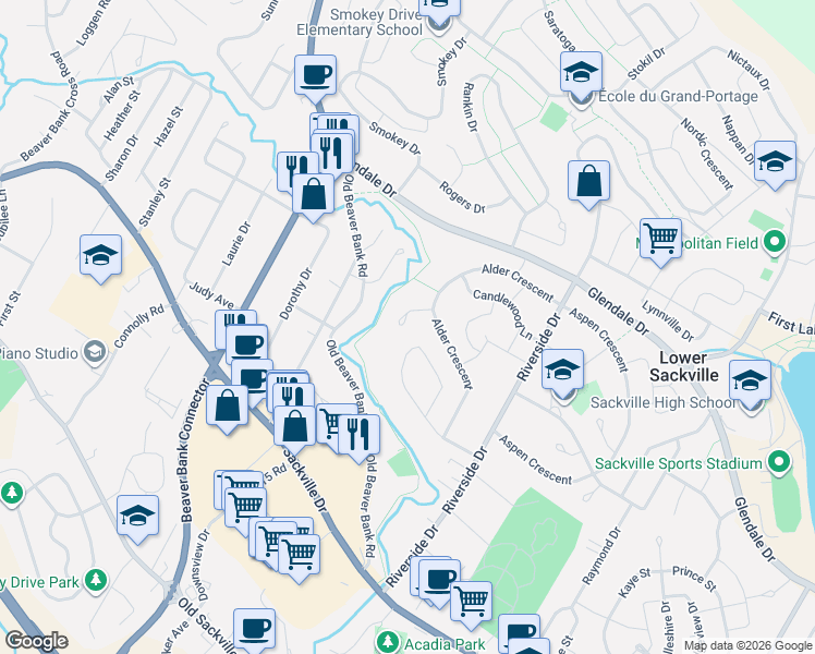 map of restaurants, bars, coffee shops, grocery stores, and more near 24 Winsloe Drive in Lower Sackville