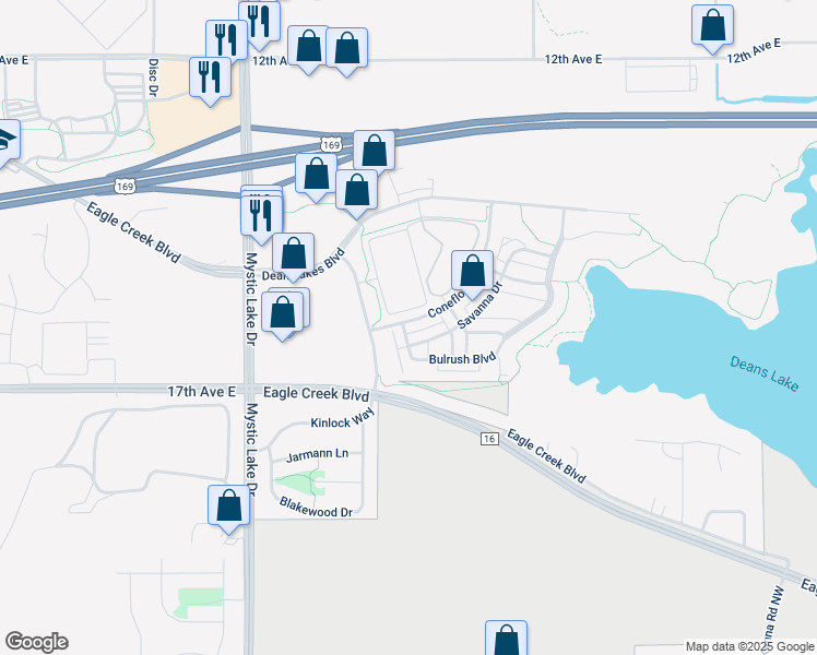 map of restaurants, bars, coffee shops, grocery stores, and more near 1551 Coneflower Lane in Shakopee