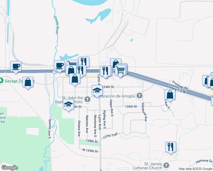 map of restaurants, bars, coffee shops, grocery stores, and more near 12359 Lynn Avenue in Savage