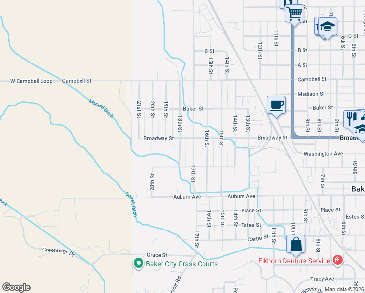 map of restaurants, bars, coffee shops, grocery stores, and more near 2026 18th Street in Baker City
