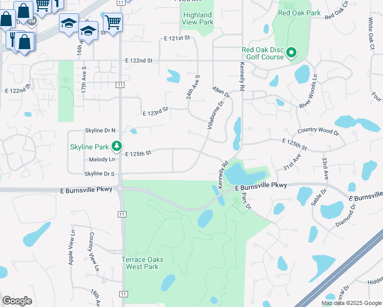 map of restaurants, bars, coffee shops, grocery stores, and more near 12412 Villaburne Drive in Burnsville