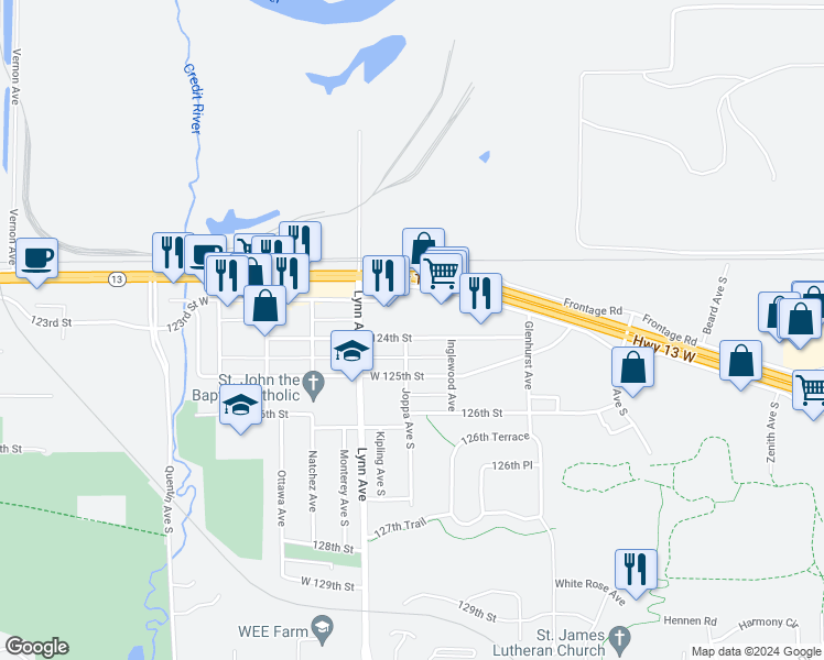 map of restaurants, bars, coffee shops, grocery stores, and more near 4264 West 124th Street in Savage