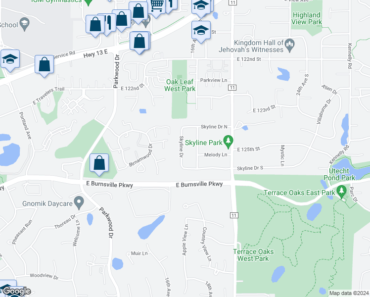 map of restaurants, bars, coffee shops, grocery stores, and more near 12417 Skyline Drive in Burnsville