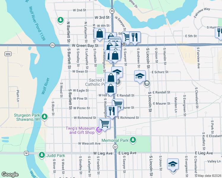 map of restaurants, bars, coffee shops, grocery stores, and more near 315 South Main Street in Shawano