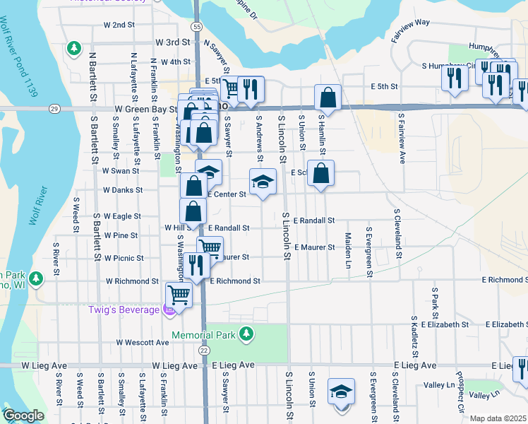 map of restaurants, bars, coffee shops, grocery stores, and more near 308 East Center Street in Shawano