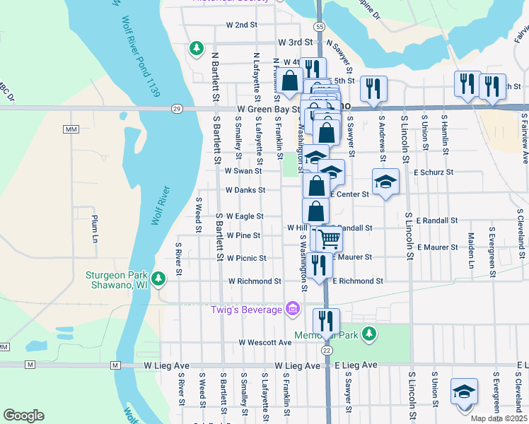 map of restaurants, bars, coffee shops, grocery stores, and more near 414 South Lafayette Street in Shawano