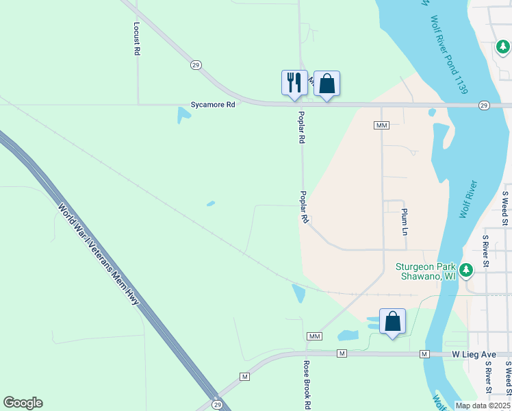map of restaurants, bars, coffee shops, grocery stores, and more near N5183 Poplar Road in Shawano