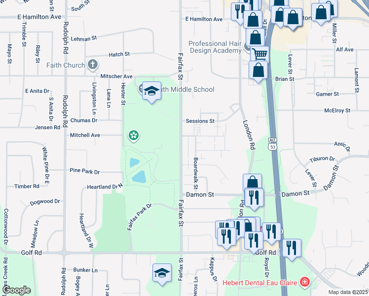 map of restaurants, bars, coffee shops, grocery stores, and more near 3711 Fairfax Street in Eau Claire