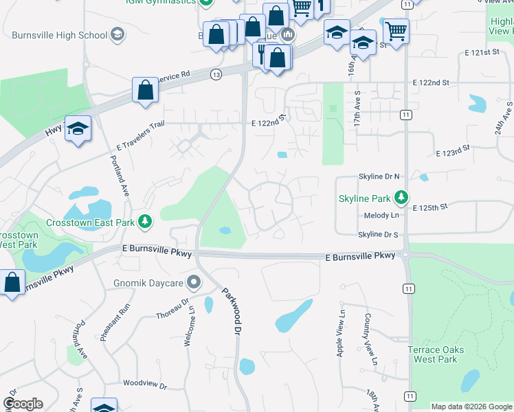 map of restaurants, bars, coffee shops, grocery stores, and more near 127 Birnamwood Drive in Burnsville