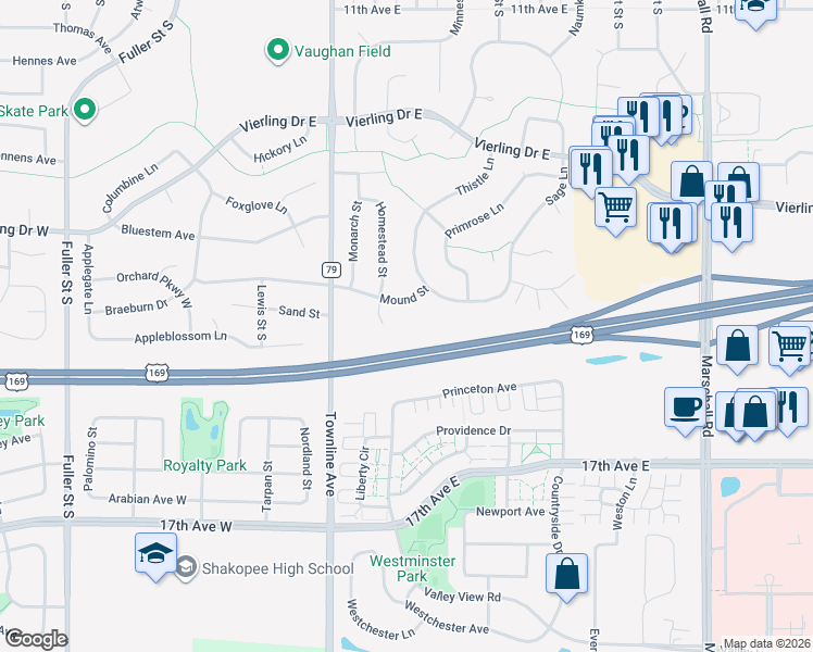 map of restaurants, bars, coffee shops, grocery stores, and more near 658 Mound Street in Shakopee