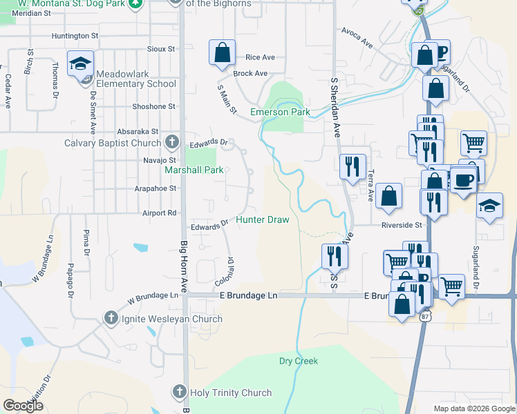 map of restaurants, bars, coffee shops, grocery stores, and more near 1815 Edwards Drive in Sheridan