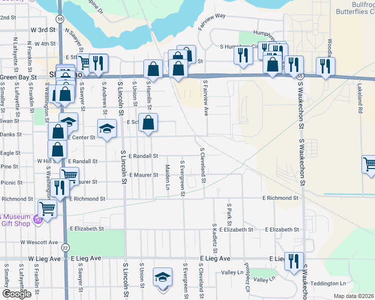 map of restaurants, bars, coffee shops, grocery stores, and more near 801 East Randall Street in Shawano