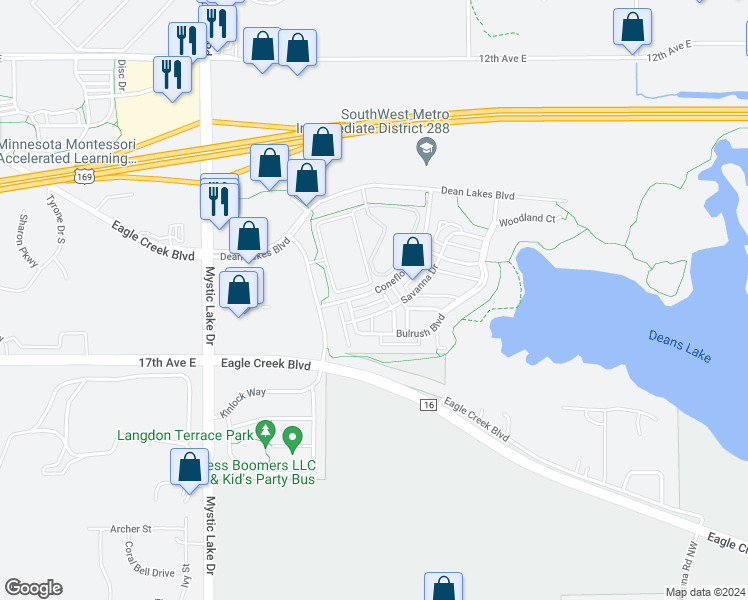 map of restaurants, bars, coffee shops, grocery stores, and more near 1519 Coneflower Lane in Shakopee