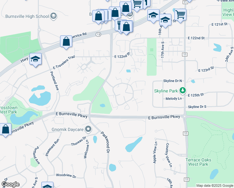 map of restaurants, bars, coffee shops, grocery stores, and more near 29 Birnamwood Drive in Burnsville