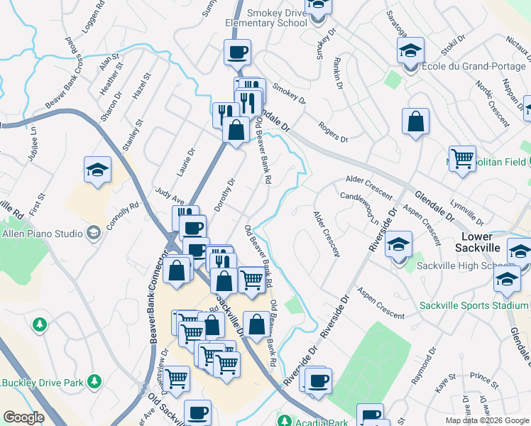 map of restaurants, bars, coffee shops, grocery stores, and more near 189 Old Beaver Bank Road in Lower Sackville