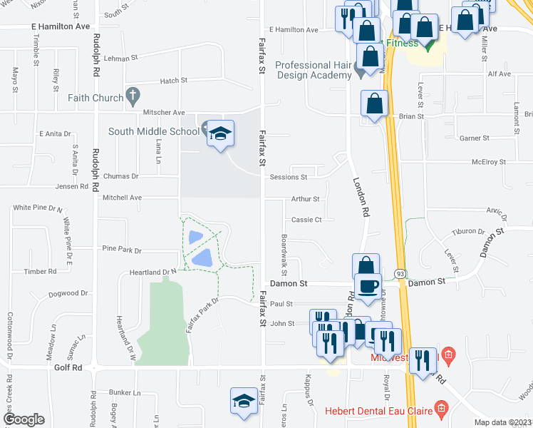 map of restaurants, bars, coffee shops, grocery stores, and more near 3723 Fairfax Street in Eau Claire