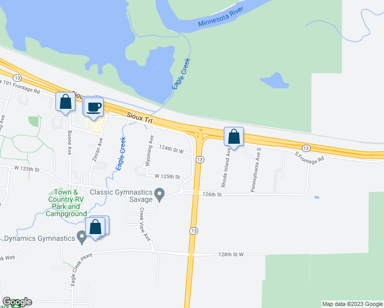 map of restaurants, bars, coffee shops, grocery stores, and more near 4350 124th Street West in Savage