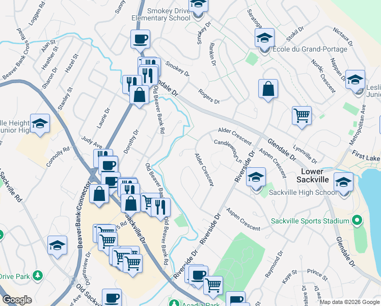 map of restaurants, bars, coffee shops, grocery stores, and more near 15 Winsloe Drive in Lower Sackville