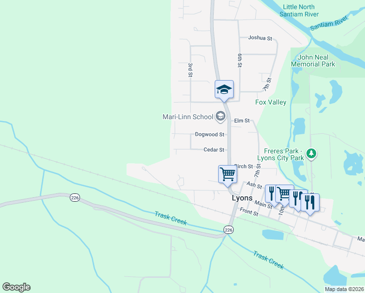map of restaurants, bars, coffee shops, grocery stores, and more near 247 Cedar Street in Lyons