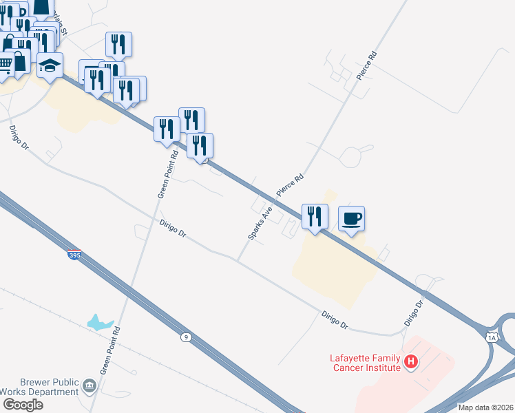 map of restaurants, bars, coffee shops, grocery stores, and more near 617 Wilson Street in Brewer