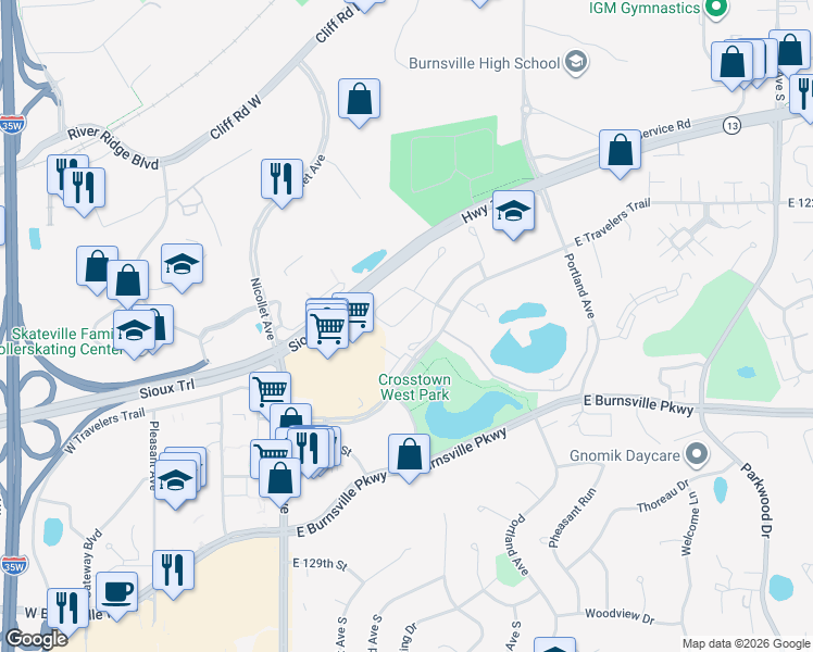 map of restaurants, bars, coffee shops, grocery stores, and more near 411 Meadowood Lane in Burnsville