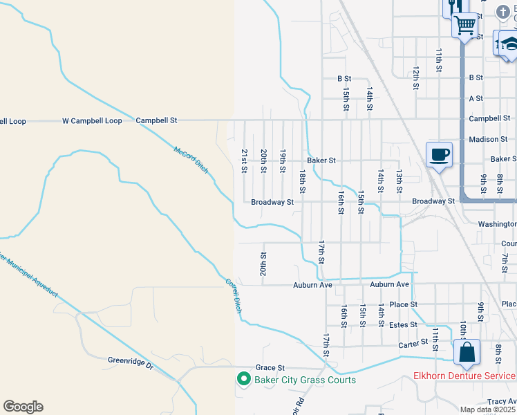 map of restaurants, bars, coffee shops, grocery stores, and more near 3925 Broadway Street in Baker City