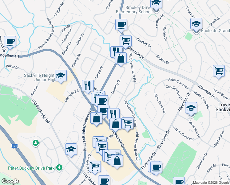 map of restaurants, bars, coffee shops, grocery stores, and more near 17 Dorothy Drive in Lower Sackville