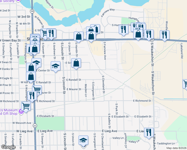 map of restaurants, bars, coffee shops, grocery stores, and more near 801 East Randall Street in Shawano