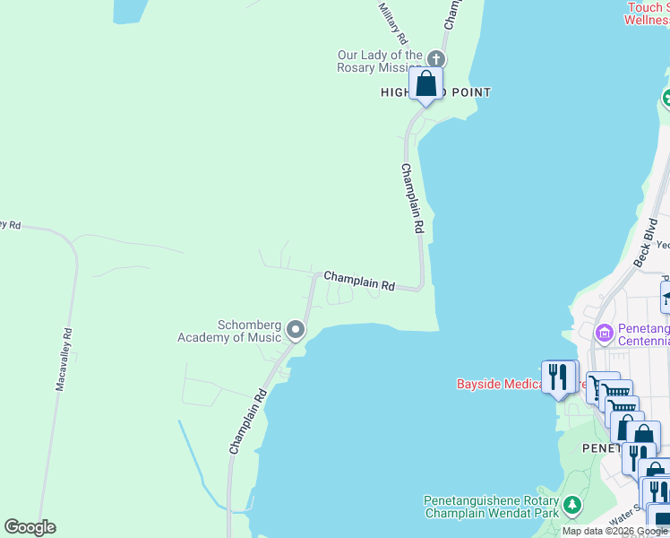 map of restaurants, bars, coffee shops, grocery stores, and more near 190 Champlain Road in Penetanguishene