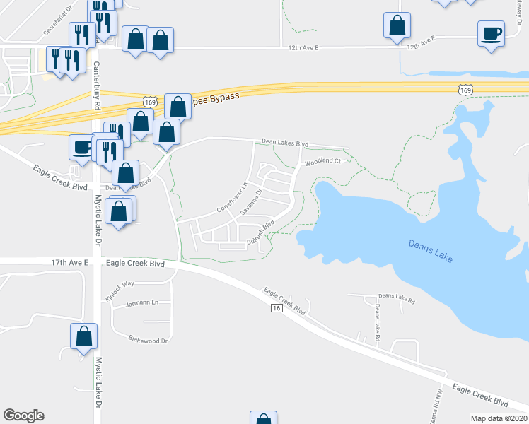 map of restaurants, bars, coffee shops, grocery stores, and more near 4867 Bulrush Boulevard in Shakopee