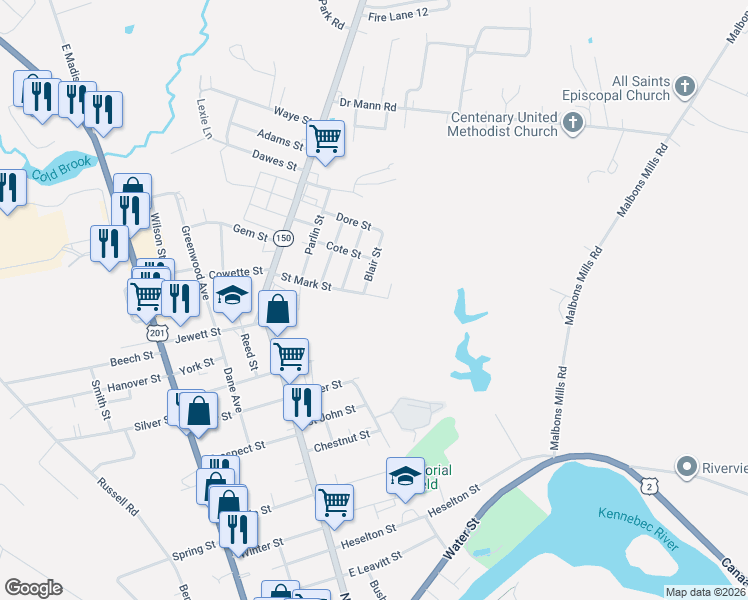 map of restaurants, bars, coffee shops, grocery stores, and more near 45 Saint Mark Street in Skowhegan