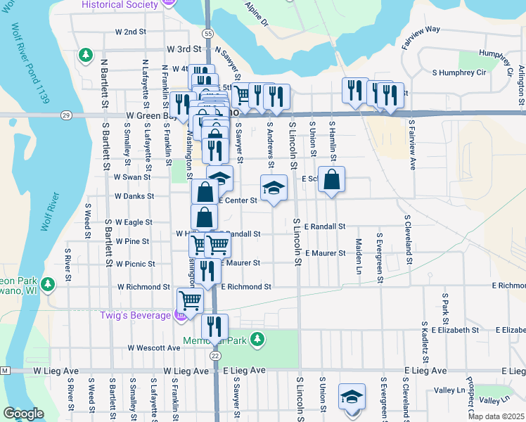 map of restaurants, bars, coffee shops, grocery stores, and more near 312 South Sawyer Street in Shawano