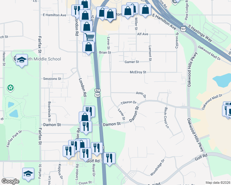 map of restaurants, bars, coffee shops, grocery stores, and more near 3136 Anric Drive in Eau Claire