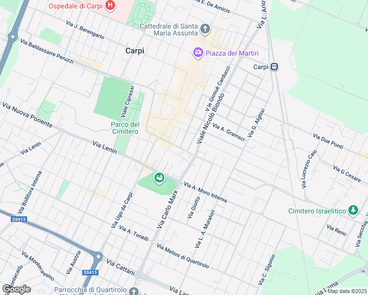 map of restaurants, bars, coffee shops, grocery stores, and more near 26 Via Alcide Garagnani in Carpi
