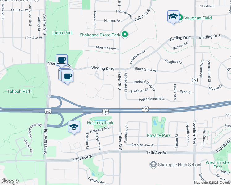 map of restaurants, bars, coffee shops, grocery stores, and more near 1461 McIntosh Circle in Shakopee