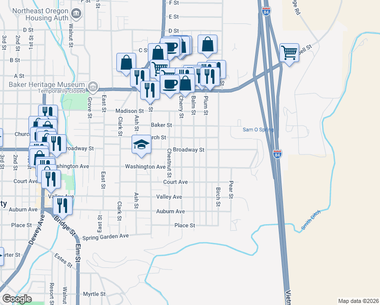 map of restaurants, bars, coffee shops, grocery stores, and more near 2075 Balm Street in Baker City